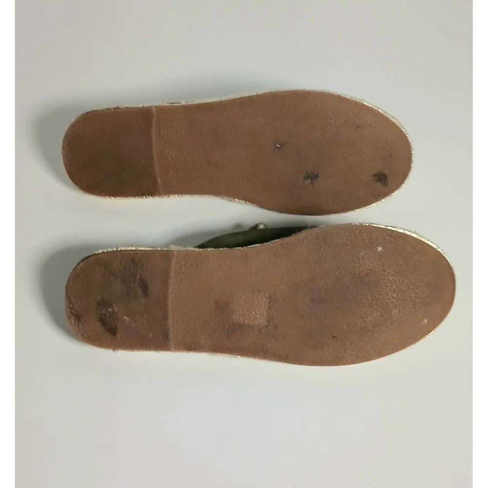 Olive Suede Espadrille Slip On Mules Gold Trim Boutique Boho Luxe Size 7